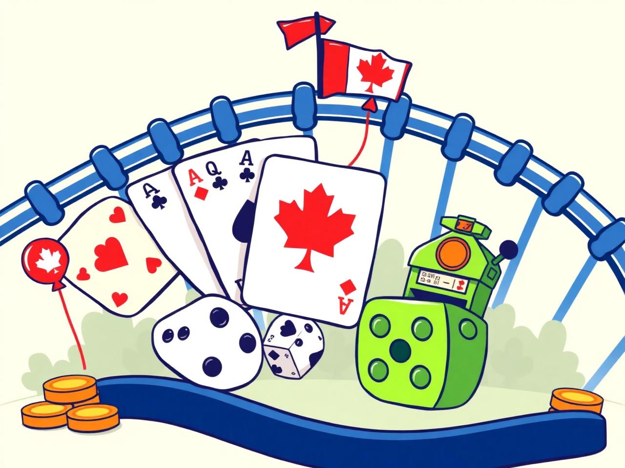 Cartoon playground midway with bouncing dice, smiling playing cards and a maple leaf flag